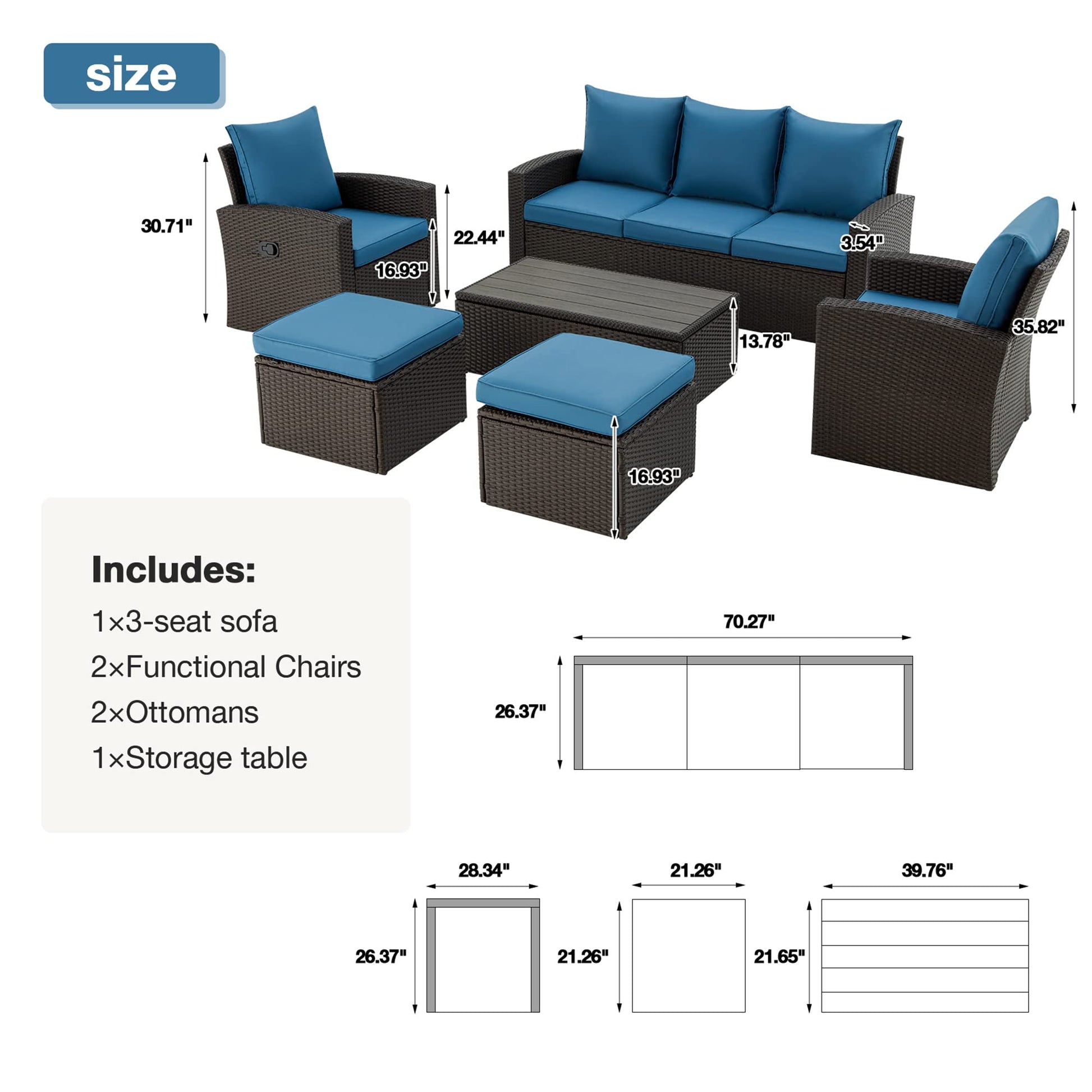 GYUTEI 7 Piece Patio Furniture Set w/ 44" Propane Fire Pit Table, Outdoor Sectional Conversation Rattan Sofa Set with Recliner, Storage Coffee Table for Garden, Porch, Backyard(Blue) - WoodArtSupply