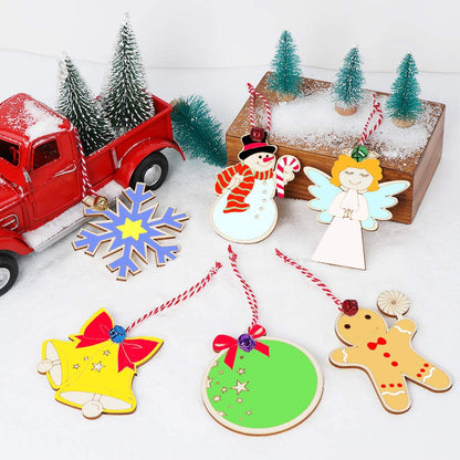 GUDELAK 48PCS Christmas Crafts for Kids, Wooden Christmas Ornaments Unfinished Wood Slices with 6 Styles, DIY Christmas Ornaments Kits for Christmas Tree Holiday Hanging Decorations