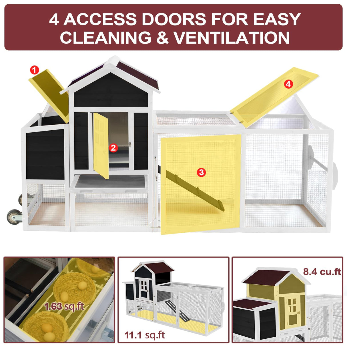 Ecolinear 80” Mobile Chicken Coop for 1-2 Chickens with Wheels,Outdoor Wooden Hen House with Nesting Box,Large Rabbit Hutch, Outside Poultry House,Wire Fence Run Cages,Weatherproof for Backyard,Black ECOLINEAR