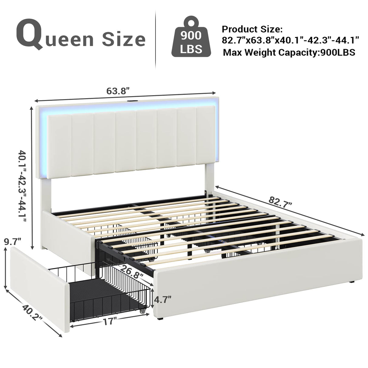 Hasuit LED Queen Bed Frame with 4 Storage Drawers & USB Charging Station Hasuit