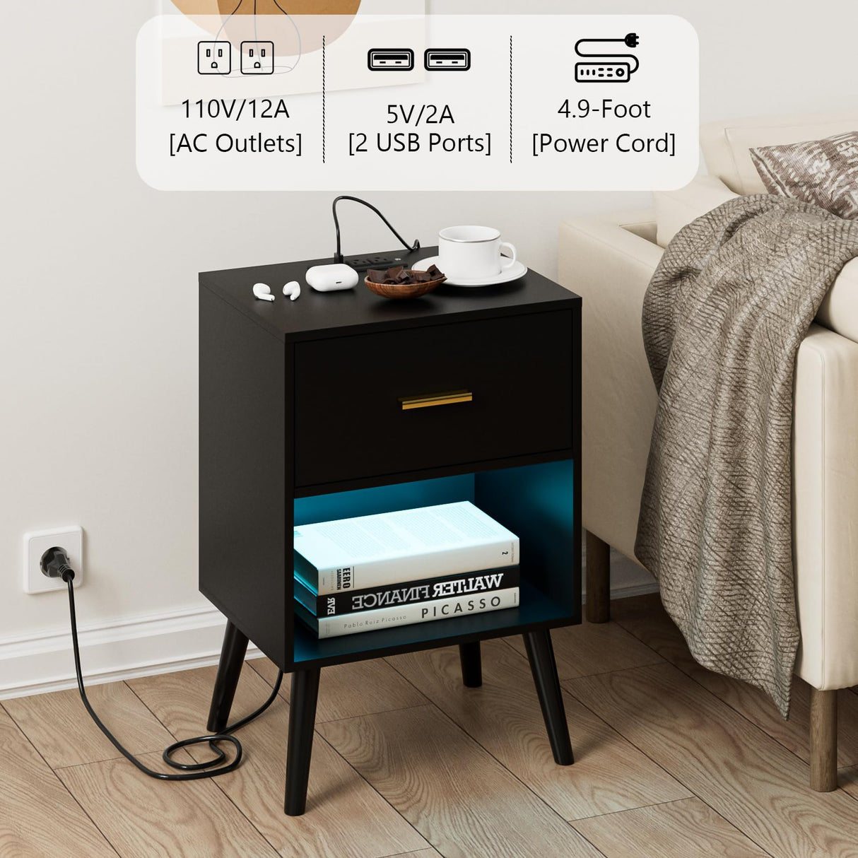 Aienvey Nightstand with Charging Station and LED Lights, Small Side Table, Bedside Table with Drawer, Modern Night Stand, End Table for Bedroom, Living Room (Black) Aienvey