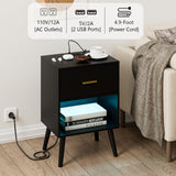 Aienvey Nightstand with Charging Station and LED Lights, Small Side Table, Bedside Table with Drawer, Modern Night Stand, End Table for Bedroom, Living Room (Black) Aienvey