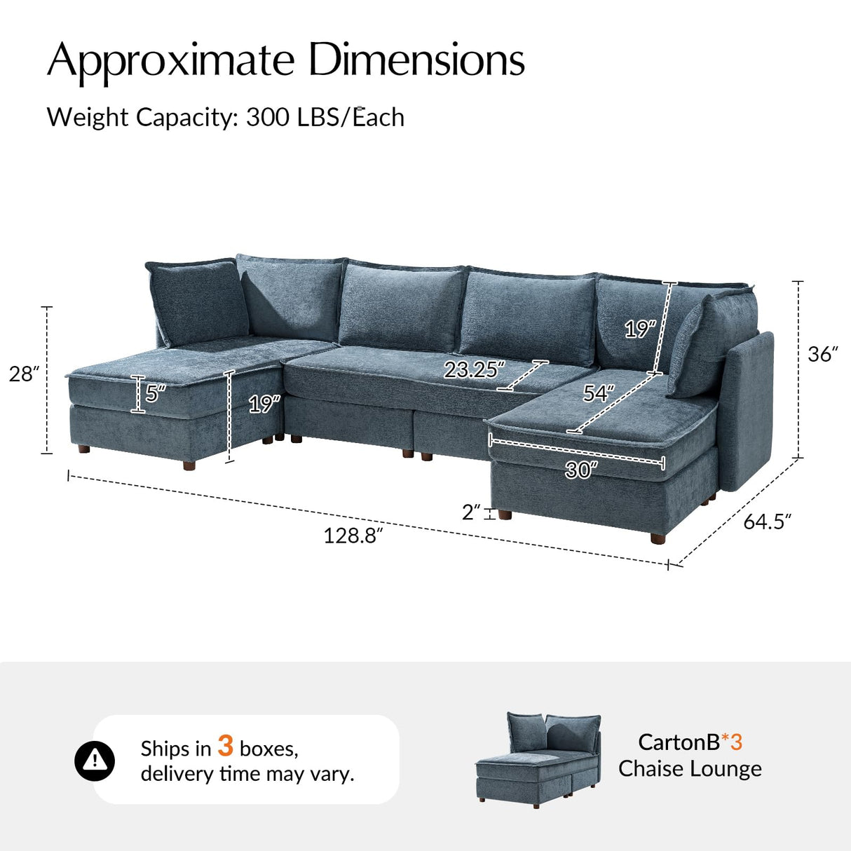 HULALA HOME 129'' Modular Sectional Sofa with Chaise, Oversized U Shaped Sofa with Hidden Storage Compartment, Comfy Cloud Couch with Extra-Wide Seat, Tool-Free Assembly, Blue HULALA HOME