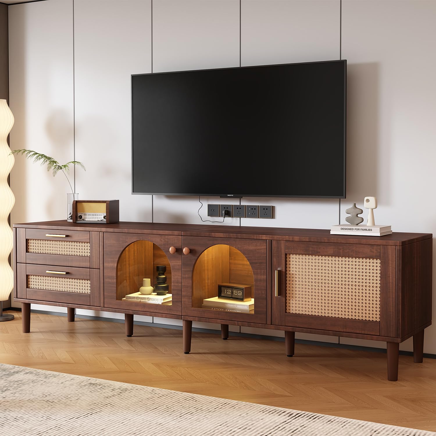 Rattan LED TV Stand for 75 Inch TV, Mid Century Modern Media Console Entertainment Center with 2 Arch Glass Doors, 2 Drawers, 3 Cabinets & Wood Legs, Living Room TV Stand, TV Console Wood TV  - WoodArtSupply