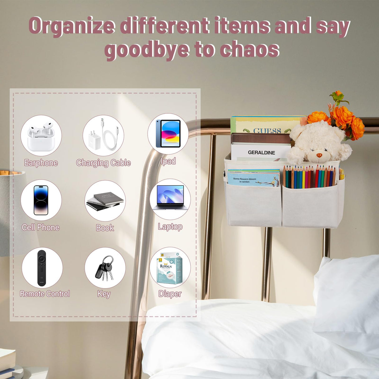 Frjjthchy Bedside Storage Organizer 5 Pockets with 4 Hooks Hanging Storage Bag for Headboards/Bunk Bed (White) Frjjthchy