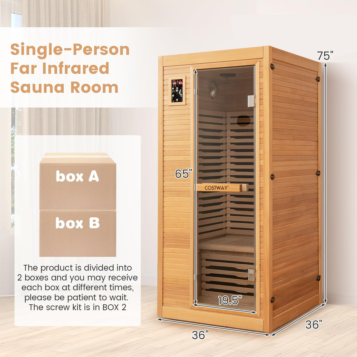 COSTWAY 1-2 Person Far Infrared Wooden Sauna Room, Canadian Hemlock Indoor Low EMF Sauna with Oxygen Ionizer, 9 Carbon Heaters, 4 Light Strips, Tempered Glass Door, Personal Sauna for Home COSTWAY