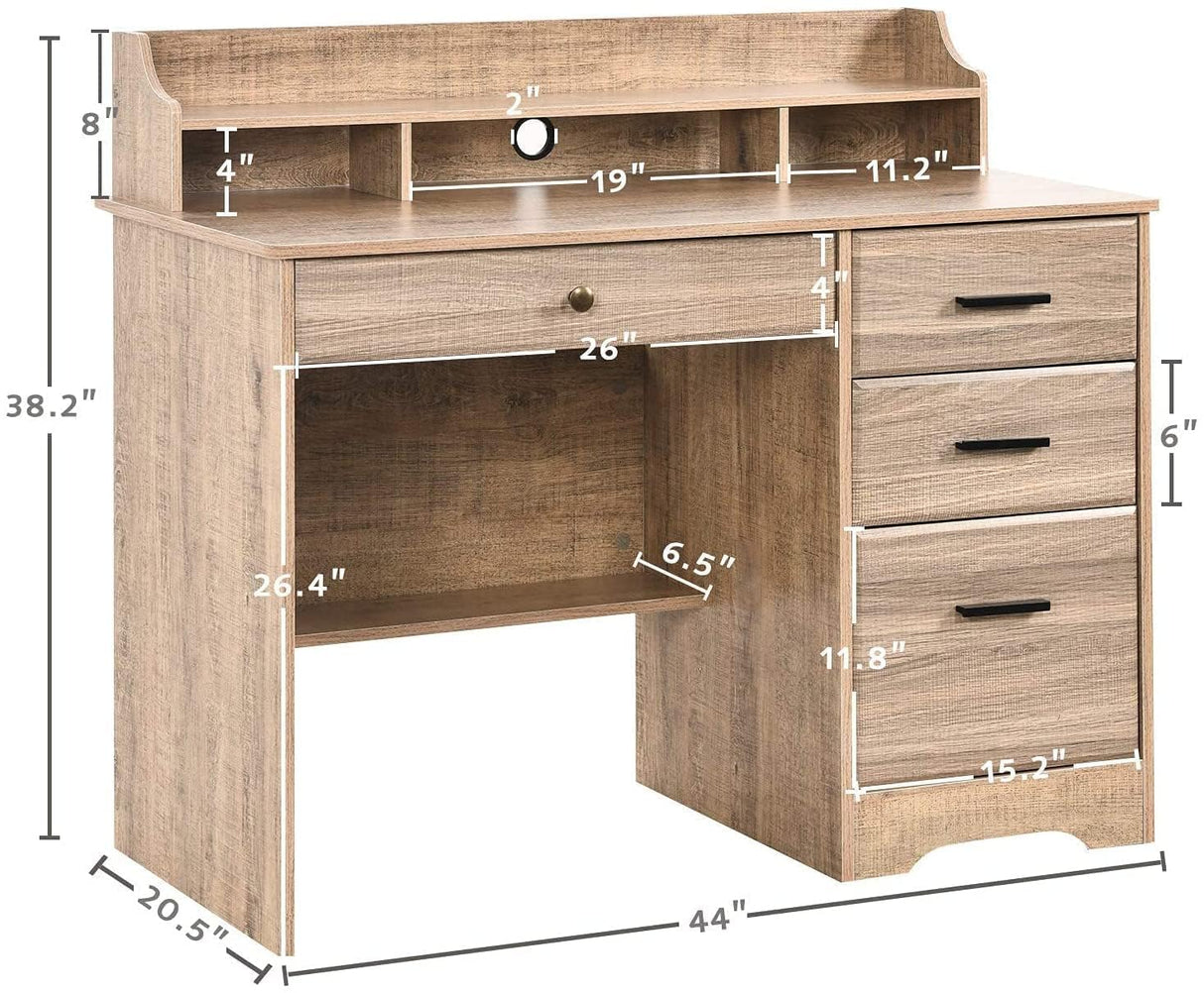 Computer Desk with 4 Drawers and Storage, Small Office Desk with File Drawers and Hutch, Farmhouse Wood Writing Student Table for Home Office, Bedroom, Wooden Grey HOMBCK