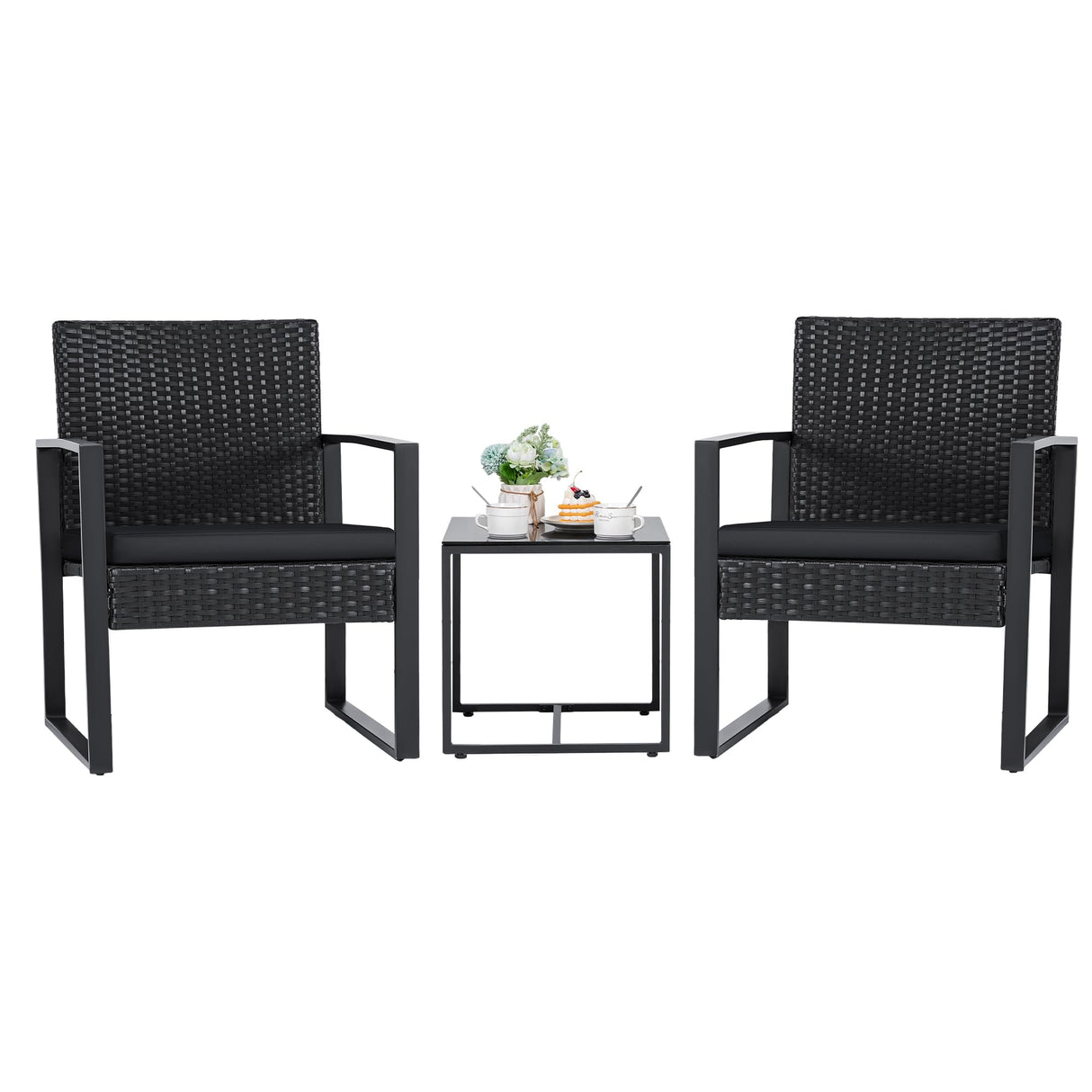 Flamaker 3 Pieces Patio Set Outdoor Wicker Furniture Sets Modern Rattan Chair Conversation Sets with Coffee Table for Yard and Bistro (Black) Flamaker