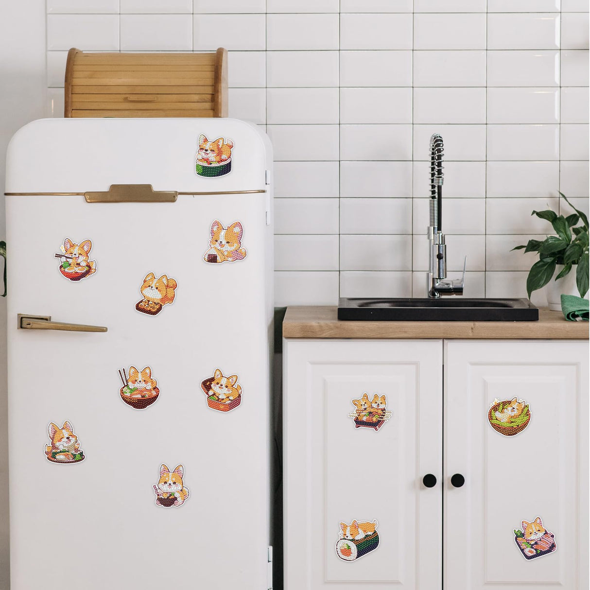 INCOK Corgi Refrigerator Diamond Art Magnets - 12 PCS Japanese Food Diamond Art Magnet Kit Cute Animal Gem Art Fridge Stickers Set Home Decor Birthday Festival Gift for Adults Beginners INCOK
