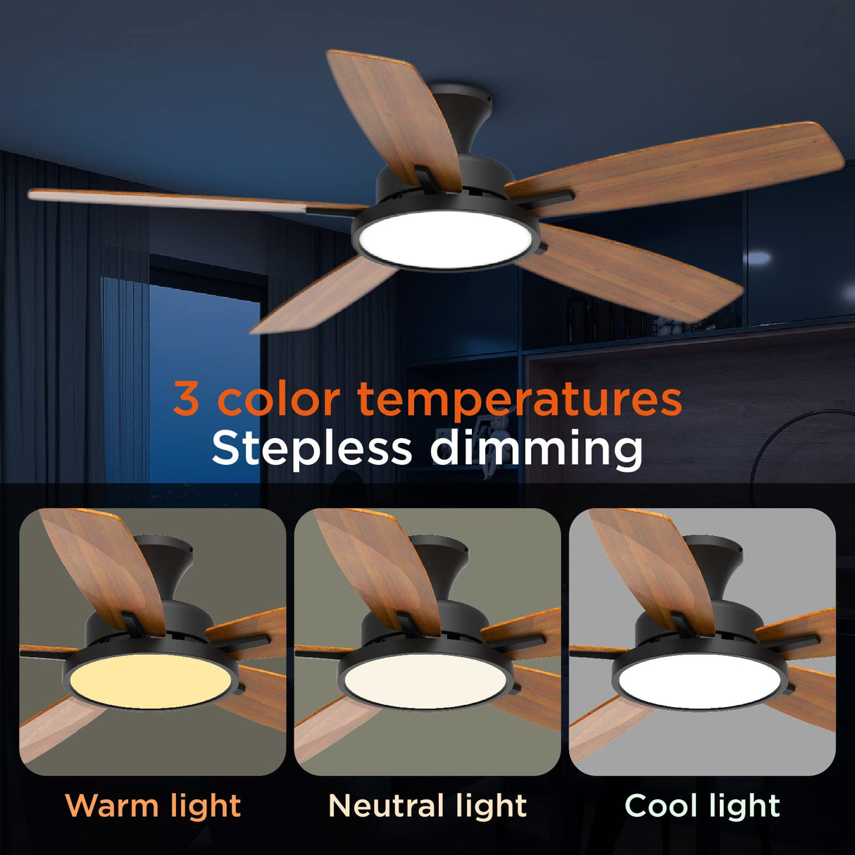 TALOYA 52 inch Ceiling Fans with Lights,Remote Control Multifunctional Quiet Fan with Three Color Temperature and Dimmable Light with Reversible Blades Black TALOYA