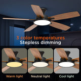 TALOYA 52 inch Ceiling Fans with Lights,Remote Control Multifunctional Quiet Fan with Three Color Temperature and Dimmable Light with Reversible Blades Black TALOYA