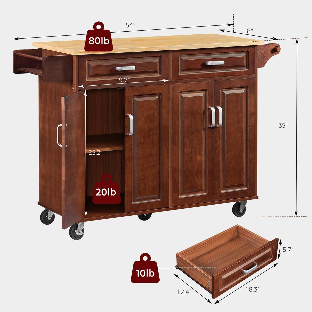 Lyromix 54" Rolling Kitchen Island on Wheels, Large Kitchen Island Cart with Storage Cabinet, Portable Wood Island Table for Kitchen with 2 Drawers and Spice Rack & Towel Rack, Rustic Brown Lyromix