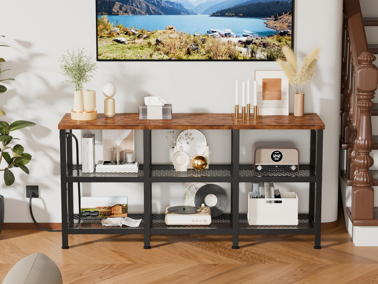 Furologee TV Stand with Power Outlets, Small Entertainment Center with Open Storage Shelves, TV Media Console Center for TVs up to 50 Inch, Television Stands for Living Room/Bedroom, Rustic Brown Furologee