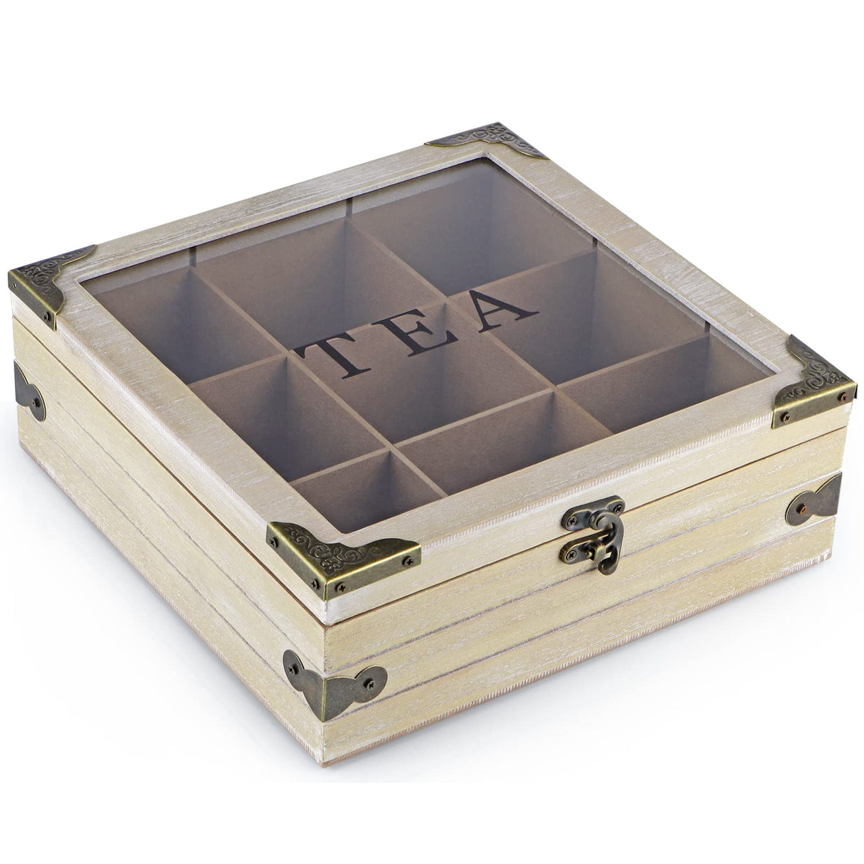 MOLIGOU Wood Tea Box Organizer, Tea Storage Chest with Glass Lid, 9 Compartments, Tea Bag Holder for Cabinet, Pantry MOLIGOU