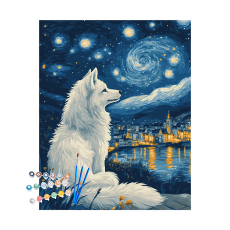Wolf Paint by Number, White Wolf Paint by Numbers Kit for Adults, Wolves Canvas Wall Art, Starry Night Animals DIY Acrylic Painting for Gift, Home Wall Decor(16x20inch, Unframed) Cawpom