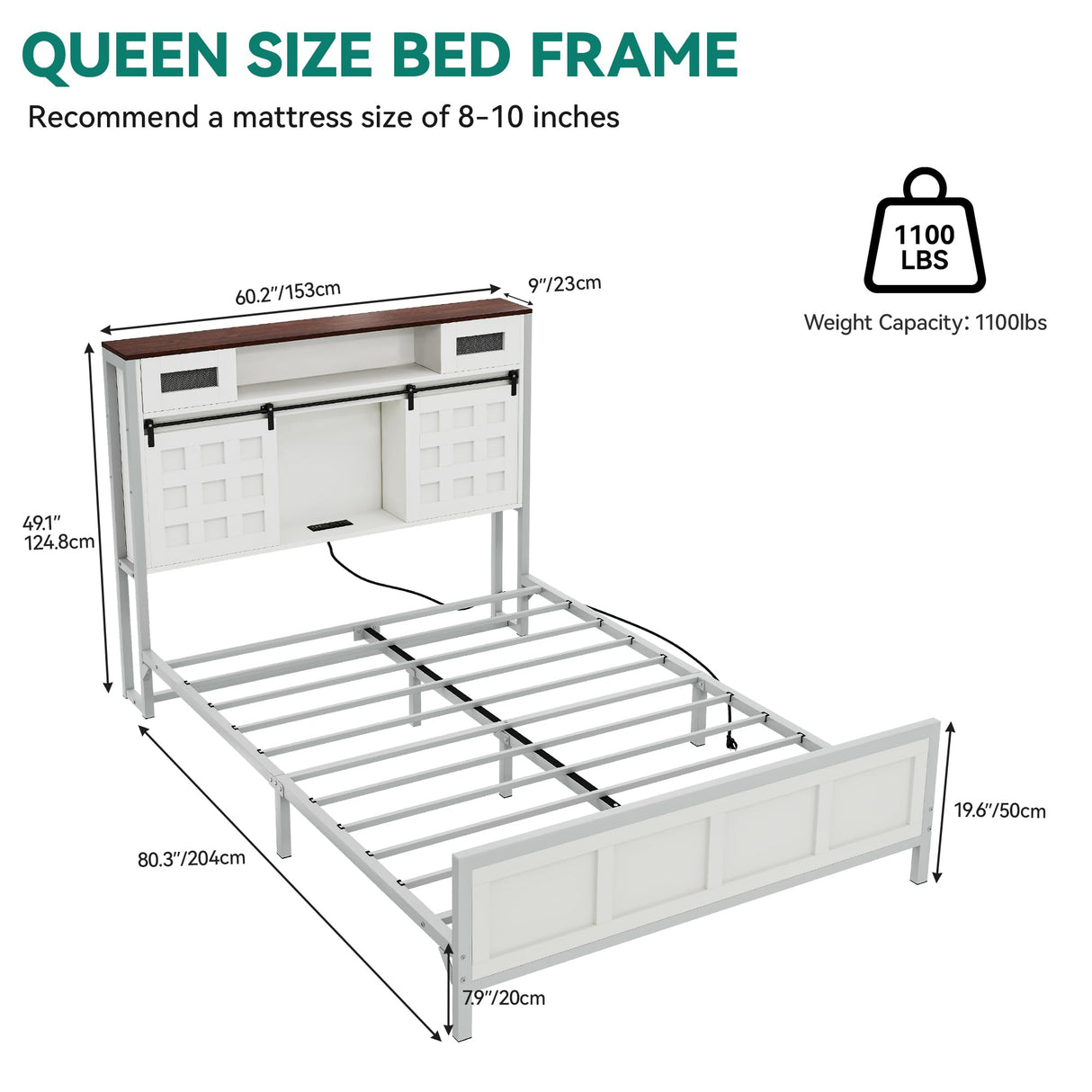YITAHOME Queen Farmhouse Bed Frame,49.14" Tall Headboard with Storage and Bookcase Led Light & Charging Station, Sliding Barn Door, Wooden Platform Bed Frame, No Box Spring Needed, White YITAHOME