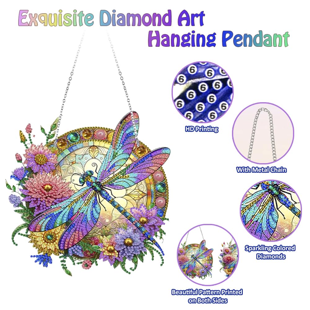 Koikify Diamond Painting Kits Hanging Pendant, Flower & Dragonfly Crystal Diamond Art Hanging Sign, Double-Sided Pattern Craft Ornament for Home Decoration and Gift Koikify