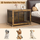 Dog Crate Furniture with Cushion, 32 Inch Wooden Dog Kennel Furniture Indoor, Heavy Duty Dog Crates for Small Medium Dogs, Dog Cage with Wheels, Chew Resistant, Double Doors Dog House, Rustic Brown VENDORZ