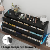 Gyfimoie 9 Drawer Dresser with Power Outlet and LED Lighting, Floating White Dresser Chest of Drawers, The Modern Organizer for Bedroom & Living Room (Black) Gyfimoie