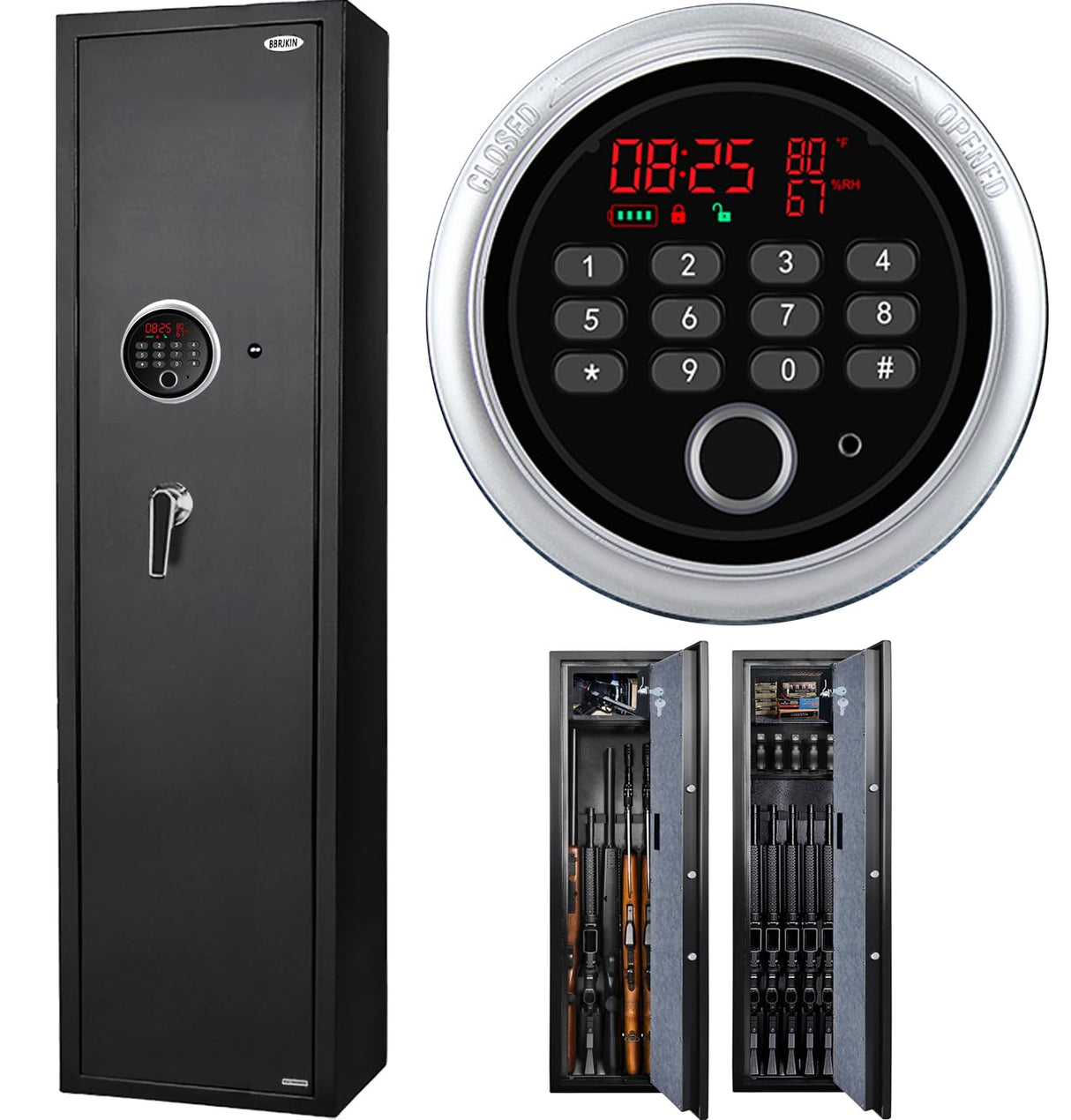 2024 New and Improved Rifle Safe, Biometric Long Gun Safe for Rifle Shotgun with Time Temperature Humidity Display, Quick Access 5-6 Gun Storage Cabinet with Lock Box and Removable Shelf BBRKIN