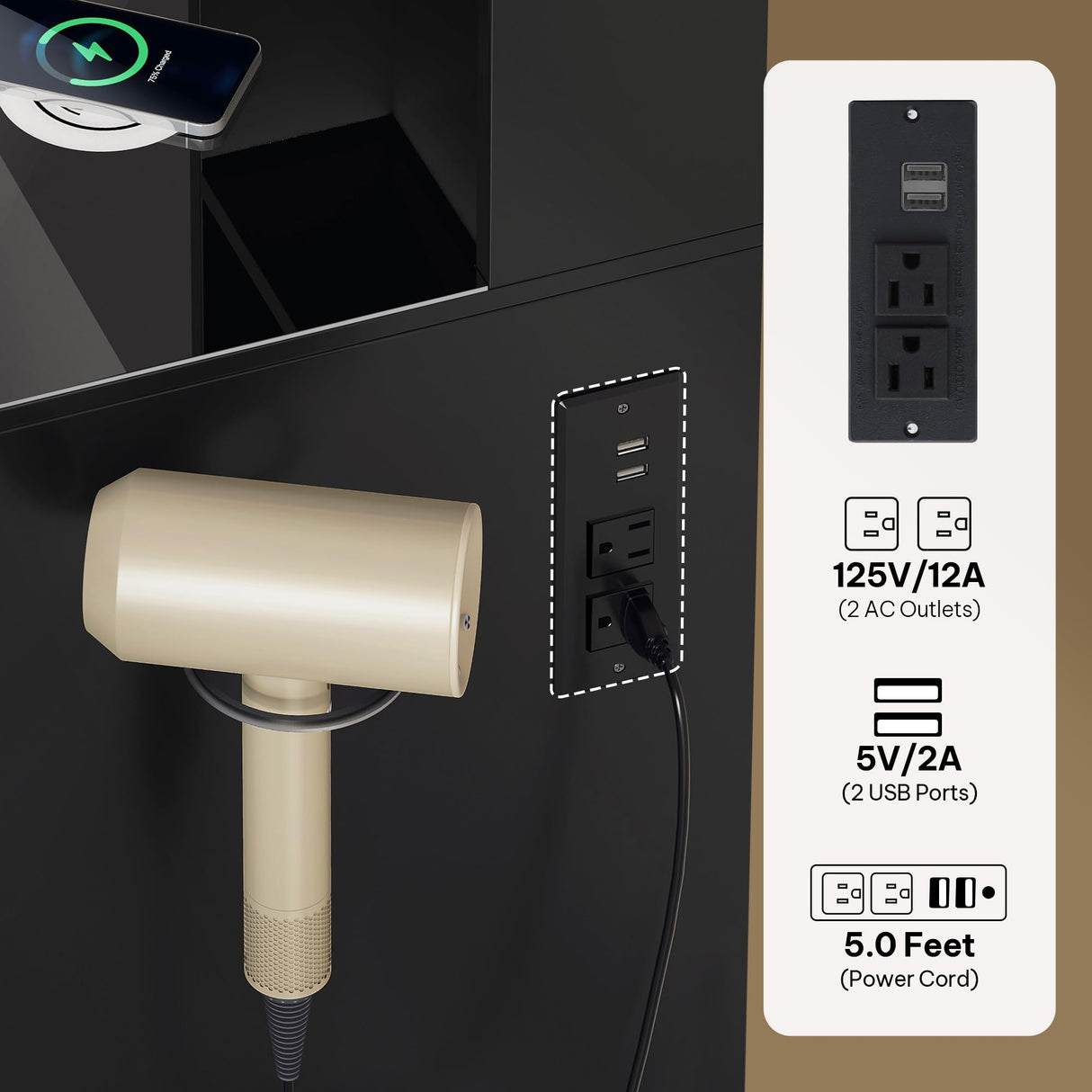 YITAHOME Vanity Desk Set, with Wireless Charging Station &Power Outlet, Vanity Mirror with Tempered Glass Top & Large Storage Spaces Vanity Table Set, Black YITAHOME