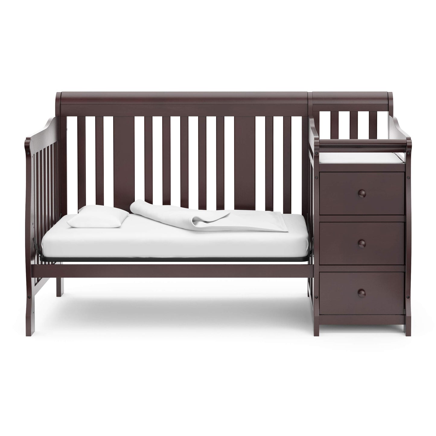 Storkcraft Portofino 5-in-1 Convertible Crib and Changer (Espresso) – Crib and Changing -Table Combo with 3 Drawers, Includes Baby Changing Pad, Converts to Full-Size Bed