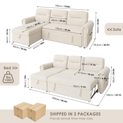 Sleeper Sofa Bed, 87'' Sectional Couch with Reversible Storage Chaise & Nailhead Armrest, Pull Out Couches for Living Room, Side Pocket & Charging Station, Removable Backrest, Velvet Fabric, Beige