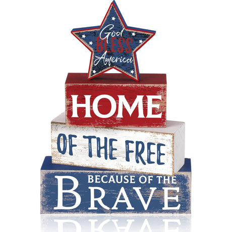 Huquary 4 Pcs Farmhouse 4th of July Patriotic Table Sign Independence Day Table Wood Decorations Patriotic Themed Rustic Farmhouse Wood Block Sign for Party Home Desk (Retro Star) Huquary