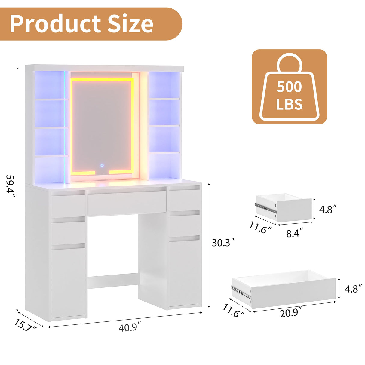 COWMOU Tall Vanity Desk with LED Mirror and RGB Lights Shelves, White Makeup Vanity with Power Outlet, Vanity Table with 5 Sliding Drawers & 2 Cabinets for for Bedroom and Dressing Room COWMOU