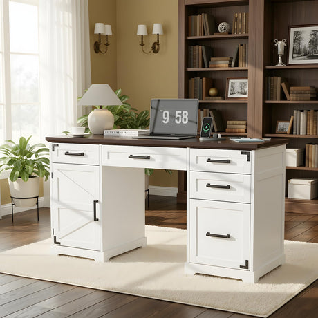 VOWNER 55" Executive Desk, Home Office Desk with Drawers and Storage Cabinet, Farmhouse Wood Desk Workspace for Work Study Writing, Charging Station, Letter/A4 File Drawer, White VOWNER