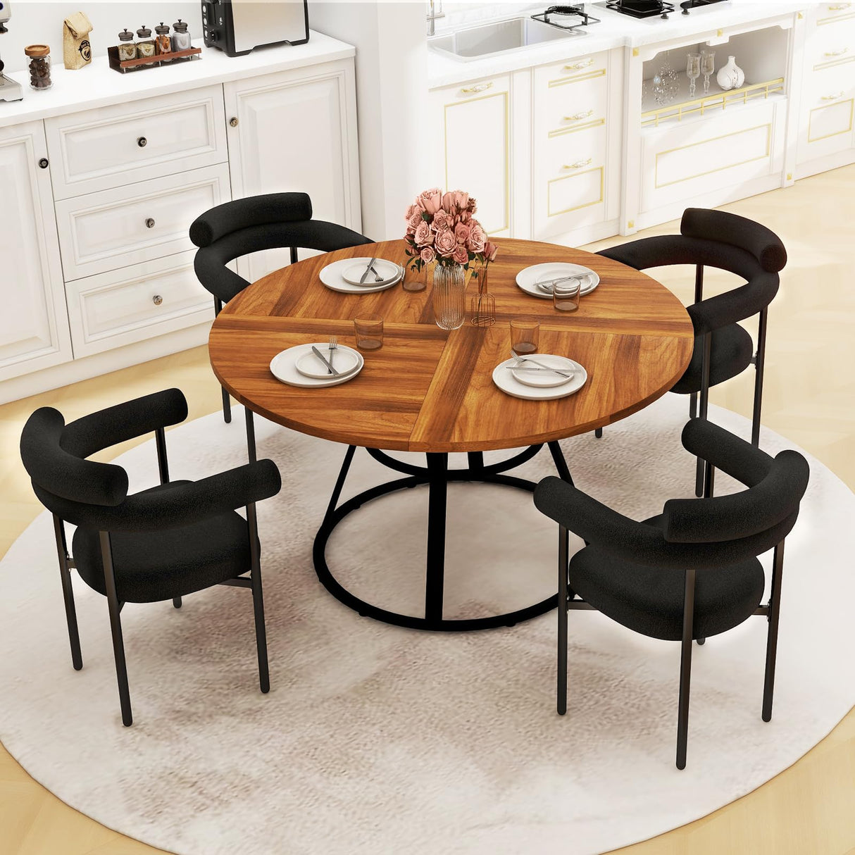 STHOUYN 47” Round Dining Table Set for 4, Small Round Kitchen Table with 4 Boucle Dinner Chairs, Modern Circle 5 Piece Dining Table with Steel Legs (Black) STHOUYN