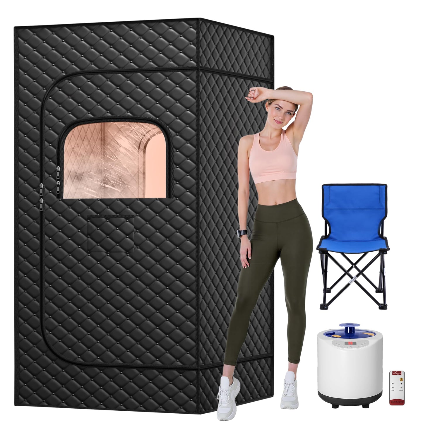 Tehanld Sauna, Portable Sauna for Home, Sauna Box, Full Size Steam Sauna Tent with 3L 1200W Large Capacity Steamer and Remote Control, Ideal for Spa, Indoor, Outdoor (Satin Cotton, Black)