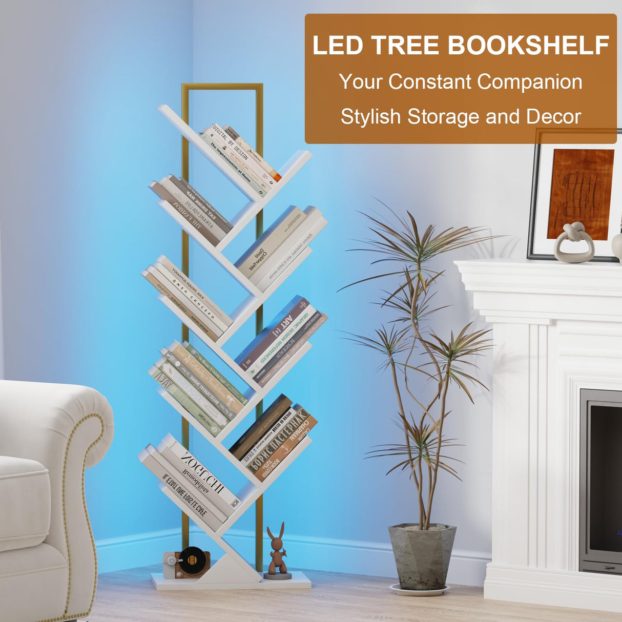Qupui Bookshelf with LED Lights, 9 Tier Tree Bookshelf, Floor Standing Bookcase, Classical Corner Bookshelf Kids Bookshelf, Tall Bookshelf, White Book Shelf for Bedroom, Living Room, Home Office Qupui