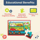 B. toys- Pack o' Puzzles - Trucks- Wooden Puzzle Set – 4 Truck Puzzles – Car Carrier, Loader, Excavator, Dump Truck – 12-Piece Jigsaw Puzzles for Kids – 3 Years + B. toys