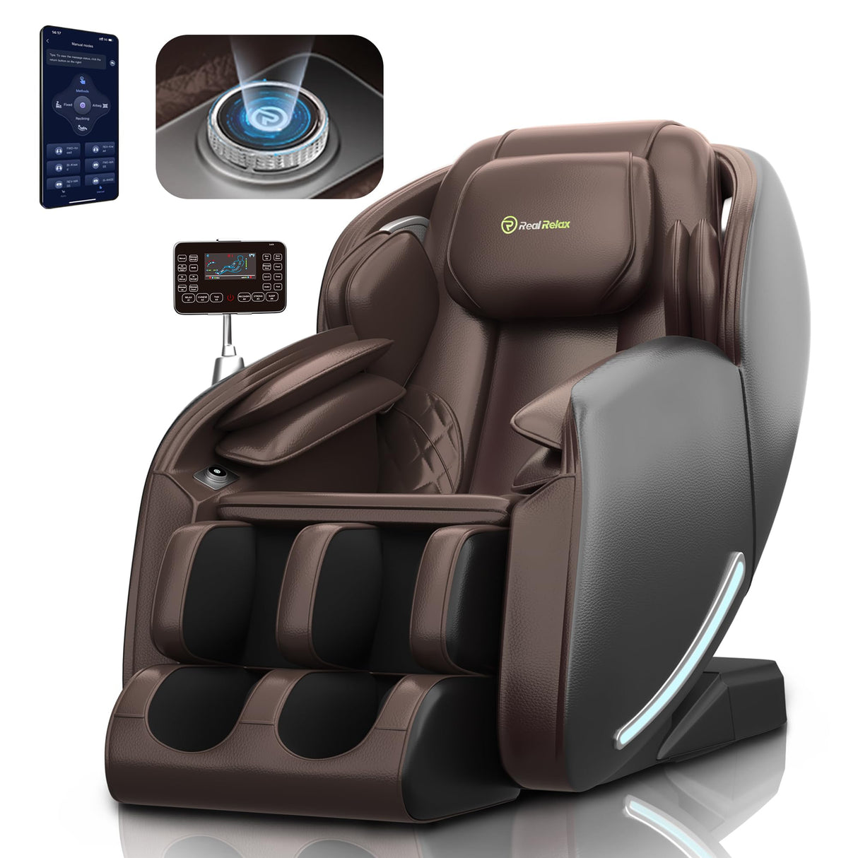Real Relax Favor-06 Brown and Black Full Body Zero Gravity SL-Track Shiatsu Massage Chair Recliner with Heat, Bluetooth Foot Roller, 3D Massage, Airbag Massage, App & Remote Control Real Relax