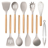E-far Silicone Cooking Utensils Set, 10-Piece Heat Resistant Kitchen Utensils Set with Wooden Handle for Nonstick Cookware, Kitchen Nonstick Tools Spatula Whisk Tongs Ladle, Non-toxic & Healthy(Khaki) E-far