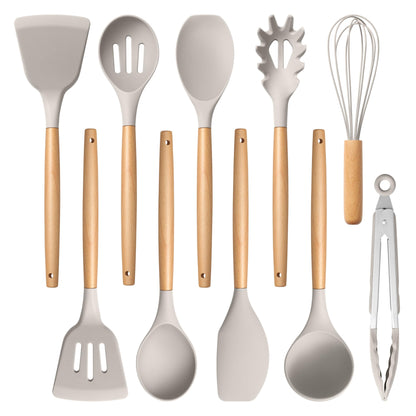 E-far Silicone Cooking Utensils Set, 10-Piece Heat Resistant Kitchen Utensils Set with Wooden Handle for Nonstick Cookware, Kitchen Nonstick Tools Spatula Whisk Tongs Ladle, Non-toxic & Healthy(Khaki)