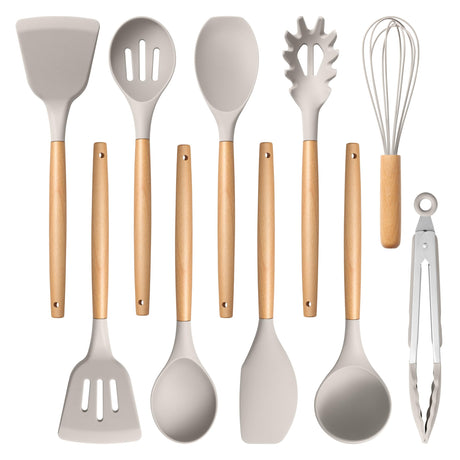 E-far Silicone Cooking Utensils Set, 10-Piece Heat Resistant Kitchen Utensils Set with Wooden Handle for Nonstick Cookware, Kitchen Nonstick Tools Spatula Whisk Tongs Ladle, Non-toxic & Healthy(Khaki) E-far