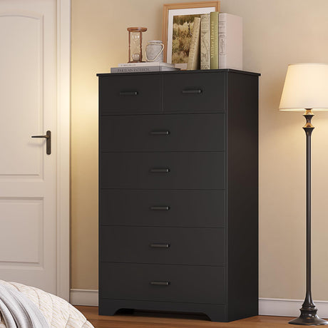 Hasuit Tall Dresser for Bedroom, Black Large Chest of Drawers, 55.6'' High Dressers with 7 Drawers, Modern Wooden Vertical Storage Clothes Closet Organizer Hasuit