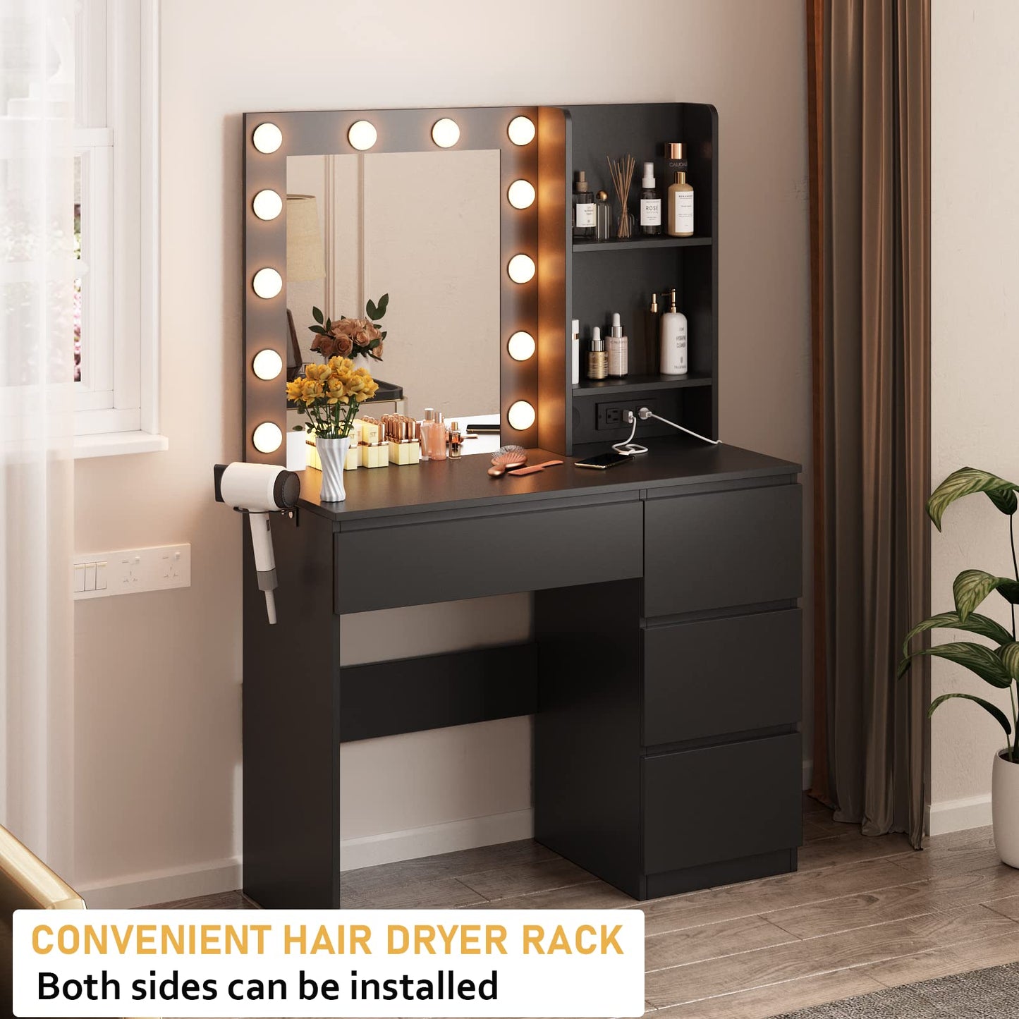 Vabches Makeup Vanity with Lights, 37inch Vanity Desk with Power Strip, 4 Drawers Makeup Table with Lighted Mirror, 3 Lighting Colors,Black