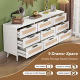 UEV Rattan 9 Drawer Triple Dresser for Bedroom,63" White Dresser TV Stand for TVs up to 75",Wide Chest of Drawers,Large Storage Long Dresser with Modern Rattan Drawers for Living Room UEV