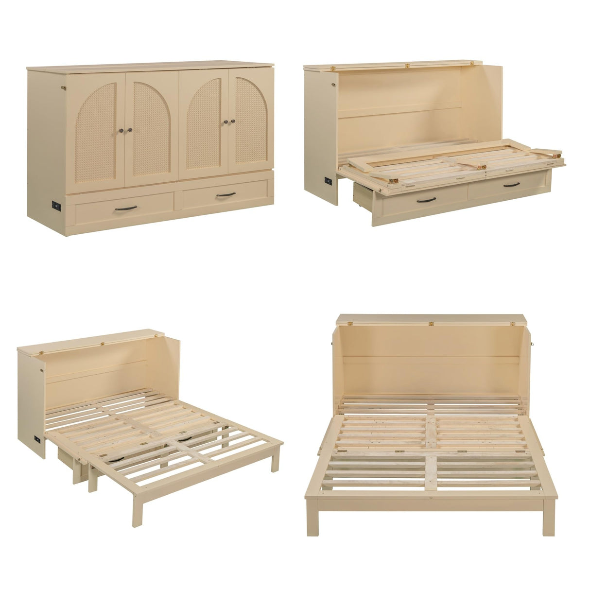 Merax Queen Size Murphy Bed Cabinet with Charging Station, Large Storage Drawer, Foldable Pull Out Murphy Chest Bed for Apartments, Bedrooms, Studio, No Spring Box Needed, Gold Merax