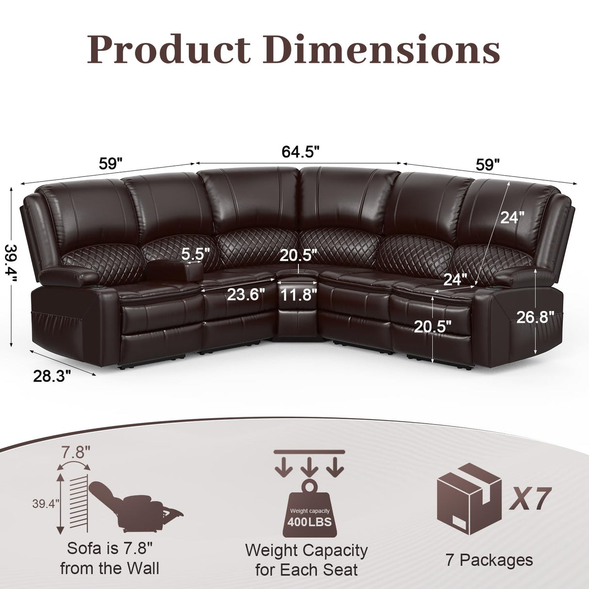 Yolsali Home Theater Seating Reclining Sectional Sofa, 5 Seats Soft Leather Recliner Corner Sectional Couch, Recliner Couch with USB Charging, Thickened Padding, Sturdy Frame, Brown Yolsali