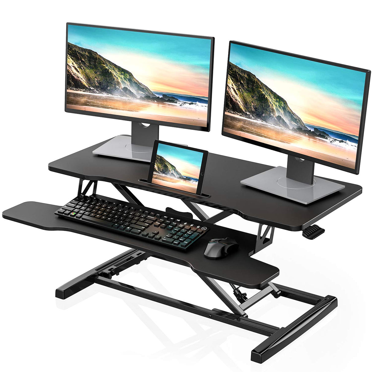 FITUEYES Height Adjustable Standing Desk 36” Wide Sit to Stand Converter Stand Up Desk Tabletop Workstation for Laptops Dual Monitor Riser Black SD309101WB FITUEYES