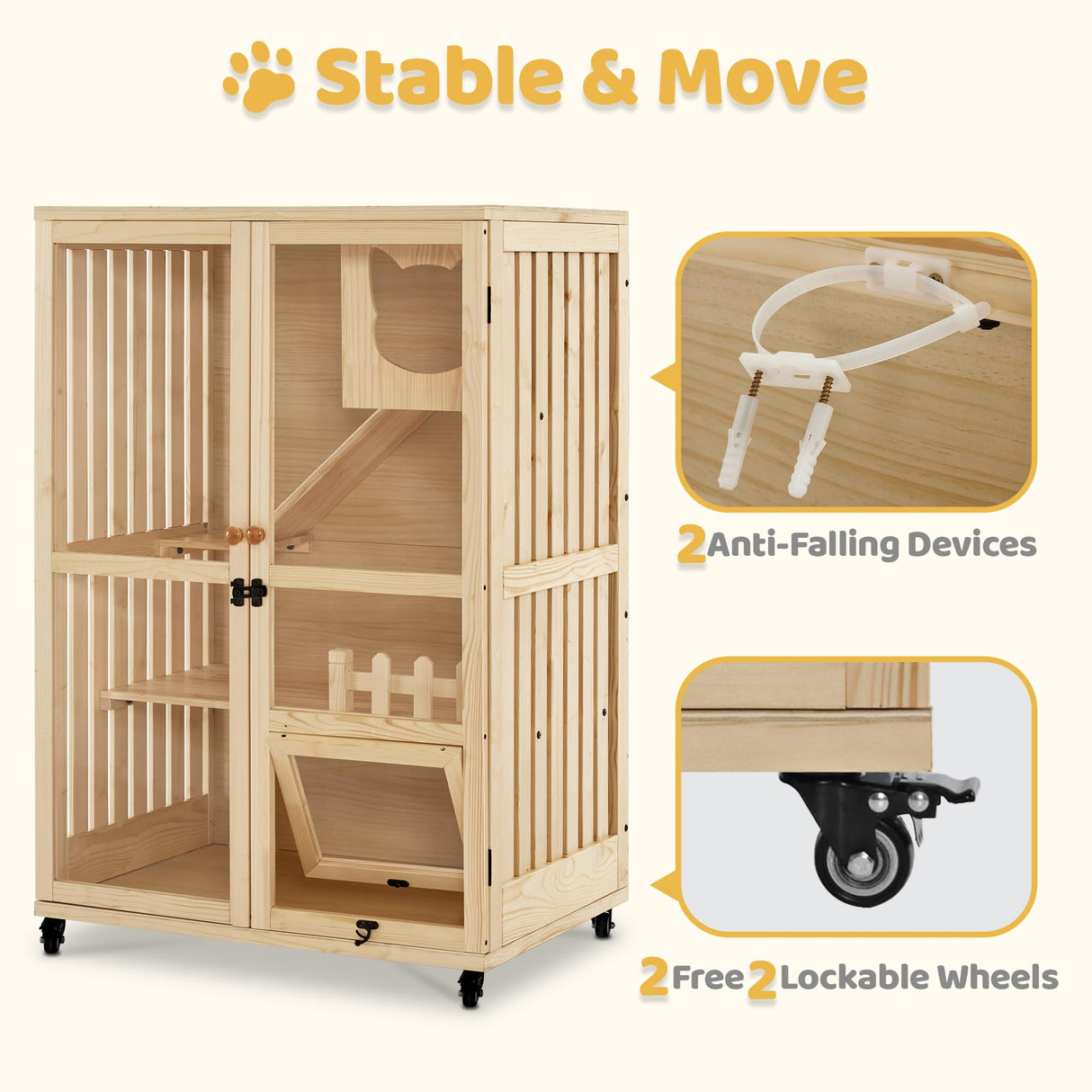 MCombo Wooden Cat Houses for Indoor Cats, Luxury Cat House with Scratching Pad, Lockable Doors, Wheels, CT090 MCombo