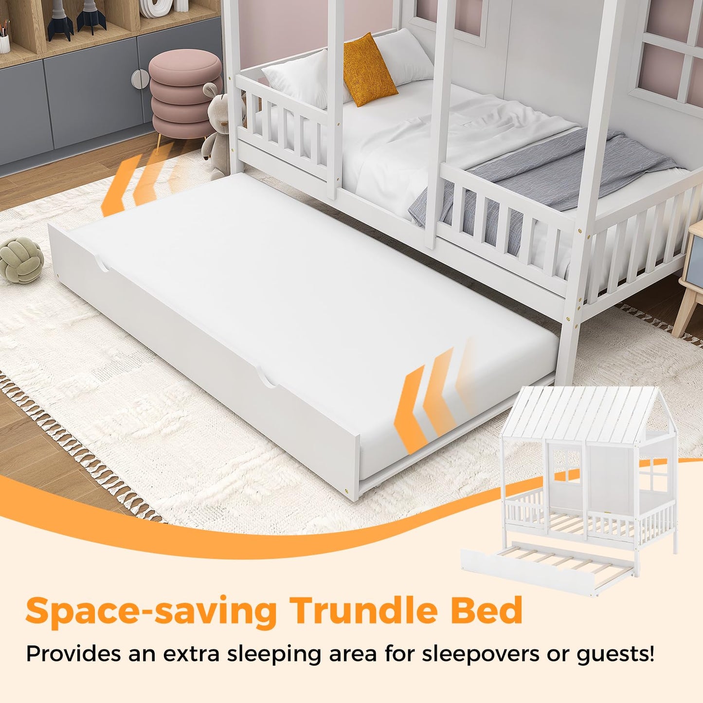 KOMFOTT Twin Size House Bed with Trundle - Playful Wood Bed Frame for Kids with Roof and Fence in White - WoodArtSupply