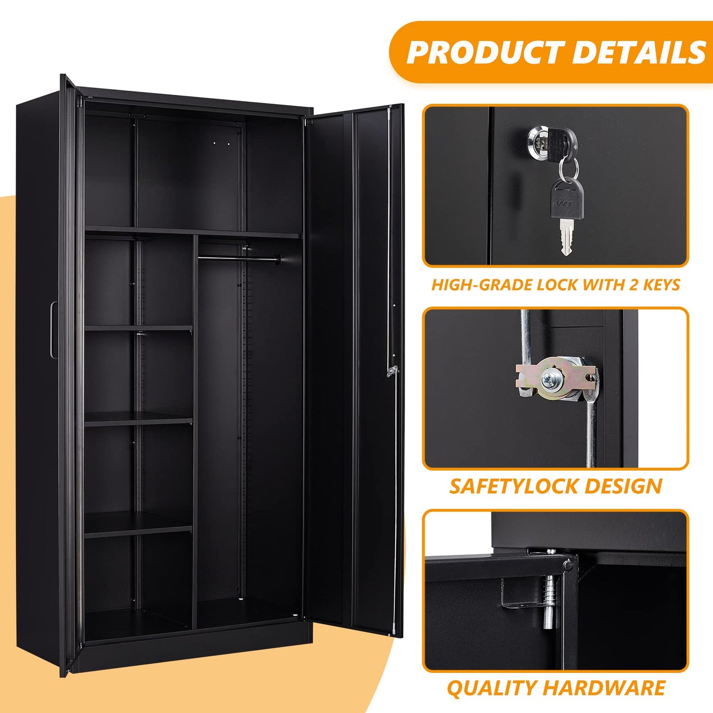 STANI Metal Storage Cabinet, 72" Locking Metal Storage Cabinet with Shelves and Hanging Rod, Metal Cabinet with 2 Doors and Lock for Home, Garage, Office (Black) - WoodArtSupply