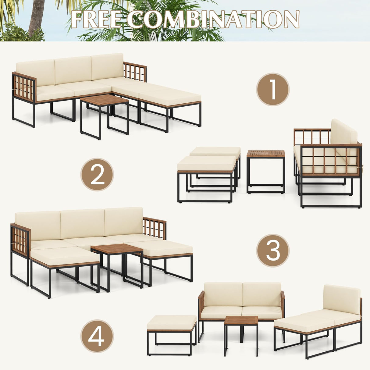 Tangkula 6 Pieces Acacia Wood Patio Furniture Set, Patiojoy Outdoor Sectional Conversation Sofa Set with Cushions, Coffee Table and Ottomans, Patio Seating Sofas for Garden, Poolside, Backyard (Beige) Tangkula