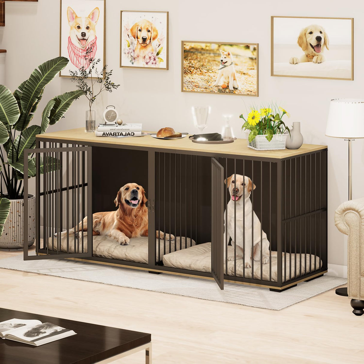 EBE Dog Crate Furniture, 71.6'' Metal Steel Frame Double Dog Kennel with 2 Rooms and Removable Divider, Heavy Duty Dog Crate Table Indoor TV Stand for Small Medium Large Dogs Black EBE