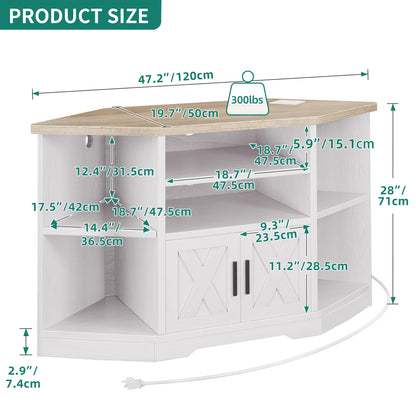 YITAHOME Corner TV Stand for TV Up to 55 Inch with Power Outlet, Farmhouse TV Console w/Adjustable Storage Shelf, Entertainment Center for Living Room,Bedroom, Grey White & Grey Wash, 47 inches